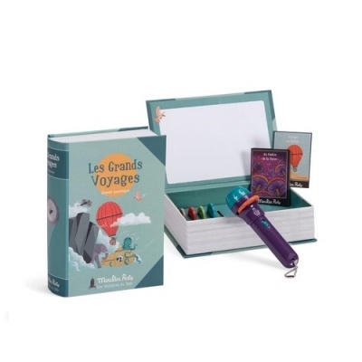 Conjunto de brinquedo com caixa estilo livro, cartas e microfone roxo