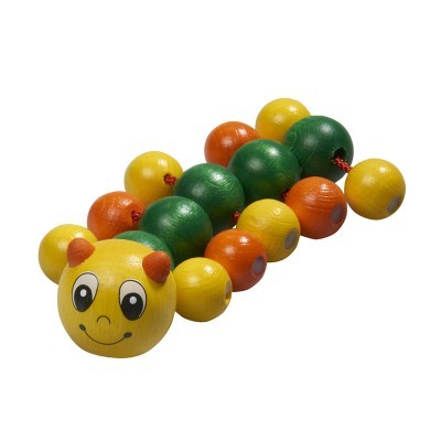 Brinquedo lagarta de madeira colorida com rosto sorridente