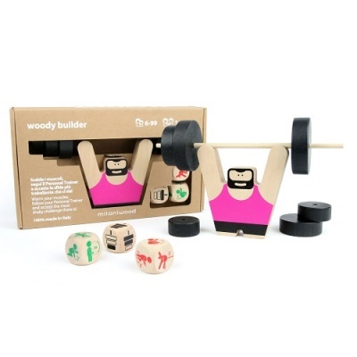Jogo de construção madeira com figura de homem a levantar pesos e dados coloridos