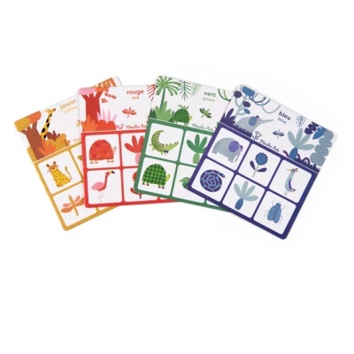 Quatro cartões educativos coloridos com ilustrações de animais e palavras bilíngues.