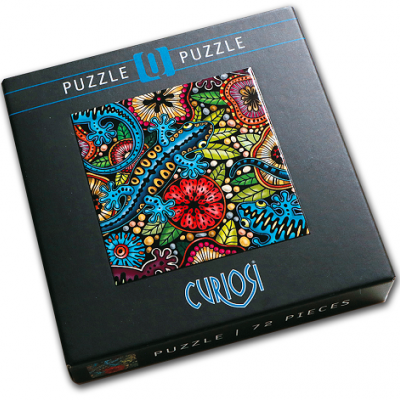 Caixa preta de puzzle com design floral colorido e texto 