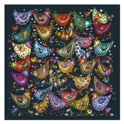 Ilustração colorida de galinhas estilizadas com padrões variados em fundo escuro