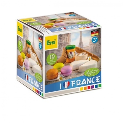 Brinquedo de madeira com temática de França em caixa colorida