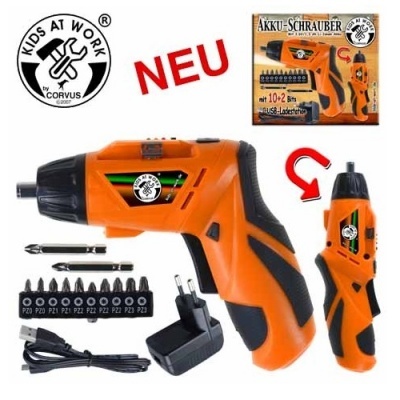 Parafusadeira elétrica infantil laranja com acessórios e embalagem