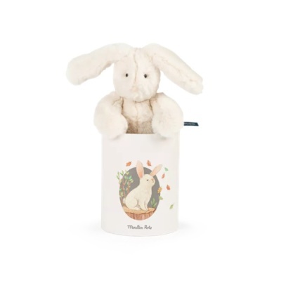 Boneco de peluche coelho branco em recipiente decorado com desenho de coelho