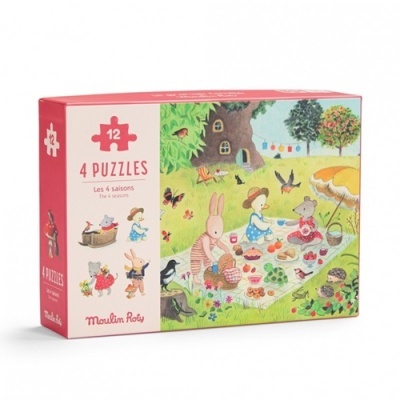 Caixa de puzzle infantil Moulin Roty 4 puzzles com 12 peças, ilustração colorida de animais a fazer piquenique.