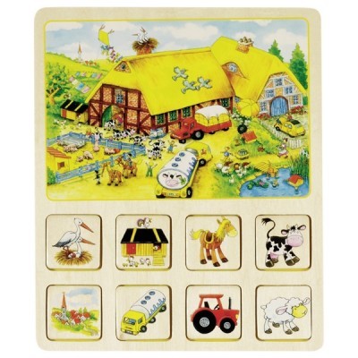 Jogo educativo de madeira com ilustração de quinta e figuras de animais e veículos