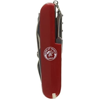 Canivete multifunções vermelho com símbolo e texto branco