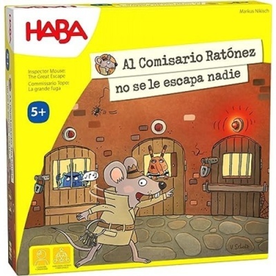Embalagem do jogo Al Comisario Ratónez no se le escapa nadie da HABA, com ilustrações de rato com capa e chapéu, e prisioneiros em celas.