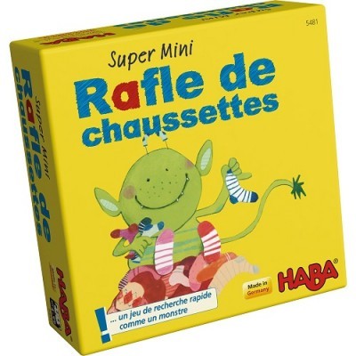 Embalagem amarela de jogo Super Mini Rafle de chaussettes com ilustração de monstro verde e meias.