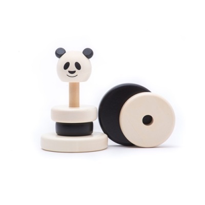 Brinquedo empilhável de madeira com cabeça de panda e peças redondas preto e branco