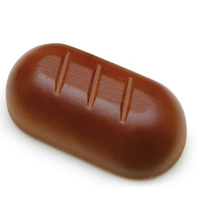 Sabonete oval castanho com três riscas decorativas em fundo branco