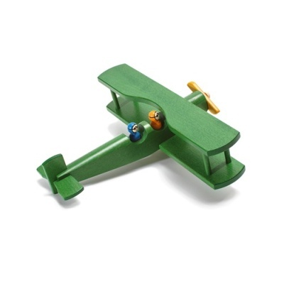 Avião de brinquedo de madeira verde com hélice amarela