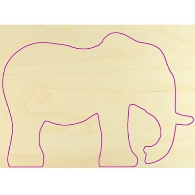 Peça decorativa de madeira clara com contorno de elefante roxo