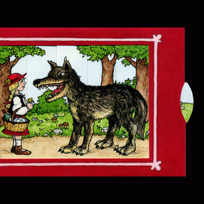 Ilustração de Caperucita Vermelha e lobo numa moldura vermelha