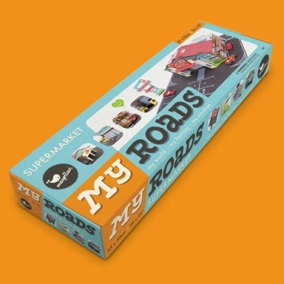 Caixa do jogo My Roads azul e laranja com imagens de carros e estradas