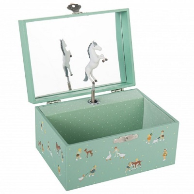 Caixa de música verde com desenhos de crianças e animais, tampa espelhada e cavalo branco no interior