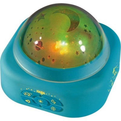 Projetor infantil azul com cúpula verde e desenhos espaciais