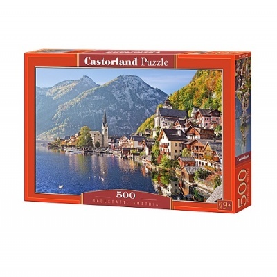 Caixa vermelha de puzzle Castorland com 500 peças, imagem de Hallstatt, Áustria, casas ao lado do lago e montanhas