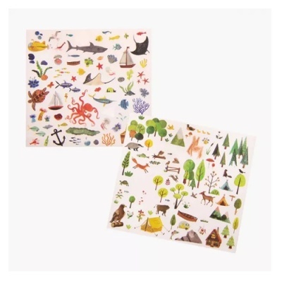Dois papéis ilustrados, um com tema marinho e outro com tema florestal.