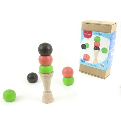 Jogo infantil de bolas e cone de madeira coloridas com embalagem em cartão