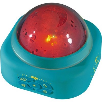 Projetor luz noturna azul turquesa com cúpula vermelha e desenhos de estrelas e lua