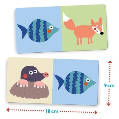 Cartas infantis com desenhos de peixe azul, raposa e toupeira em fundos coloridos