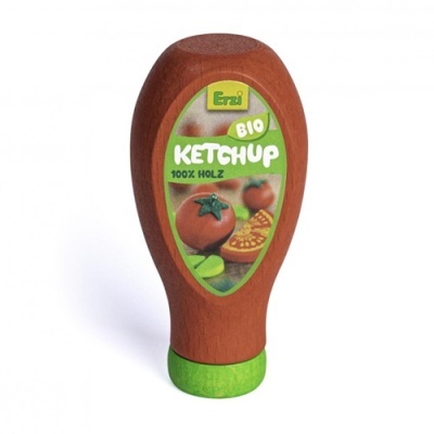 Frasco de ketchup em madeira com rótulo verde e imagens de tomates