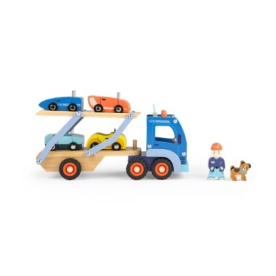 Brinquedo de camião de madeira com carros coloridos e figuras de menino e cão