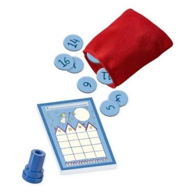 Jogo de tabuleiro com discos azuis numerados e saco vermelho em tecido