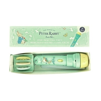Projetor de histórias e lanterna Peter Rabbit em verde claro com três discos e embalagem decorada