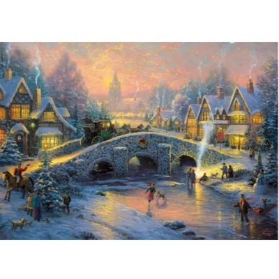 Pintura de vila de inverno com casas de neve e pessoas na neve