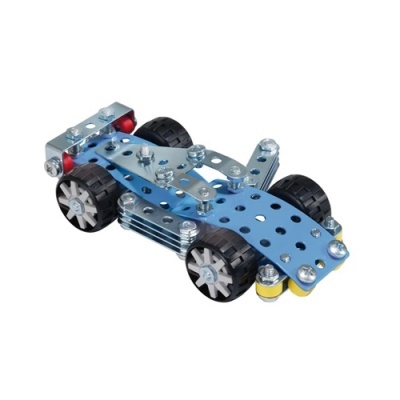 Carro de metal com rodas de plástico pretas, azul e prateado