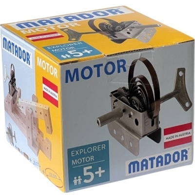 Caixa de brinquedo Matador Explorer Motor com peças metálicas e madeira e texto de instruções