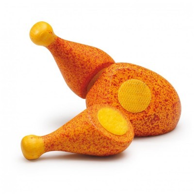 Brinquedos para cães em forma de drumsticks de frango, laranja e amarelo com áreas aderentes circulares.