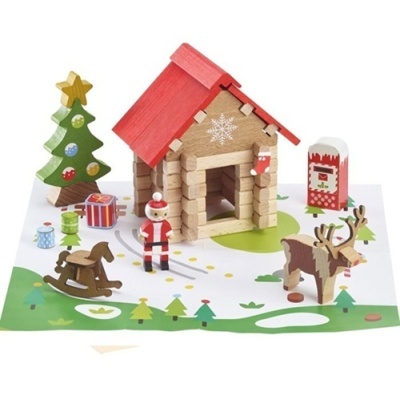 Brinquedos de madeira natalícios com casa, árvore, Pai Natal e rena