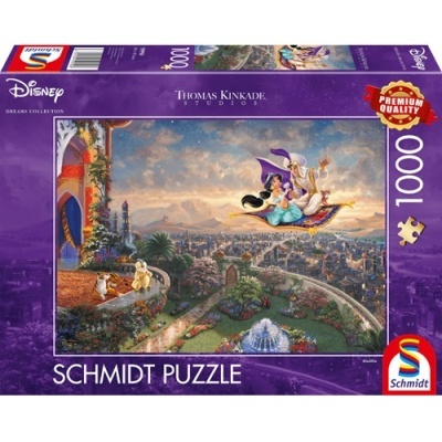 Embalagem de puzzle Schmidt Disney Dreams Collection 1000 peças com imagem de Aladdin e Jasmine no tapete voador