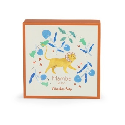 Caixa quadrada com ilustração de leão e flores com texto em francês