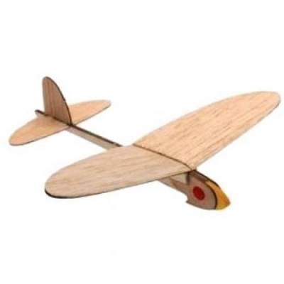 Avião de brinquedo em madeira clara com asas ovais e marca vermelha