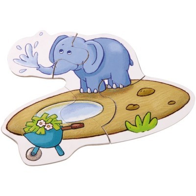 Puzzle infantil com elefante azul e carrinho de flores