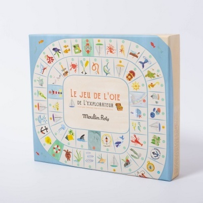 Jogo de tabuleiro Le Jeu de L'Oie de l'Explorateur Moulin Roty com ilustrações de animais e objetos em fundo azul