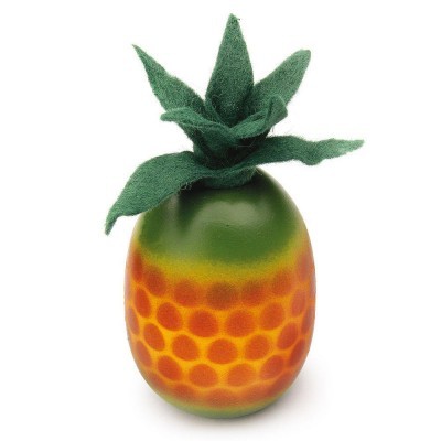 Objeto decorativo em forma de ananás com corpo laranja e verde e folhas verdes em tecido