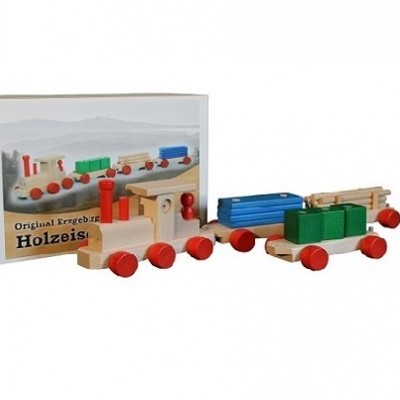 Comboio de madeira com rodas vermelhas e blocos coloridos