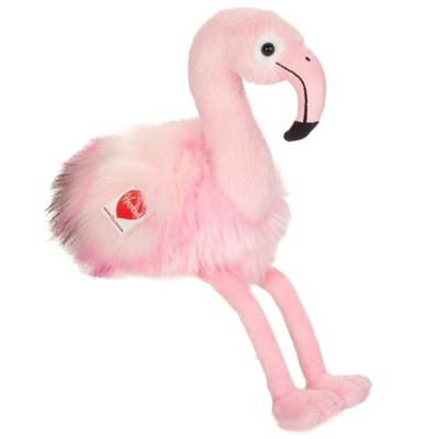 Pelúcia de flamingo cor-de-rosa com etiquetas visíveis
