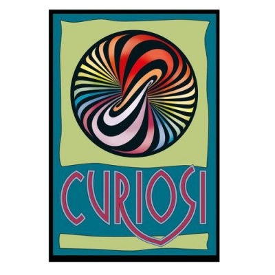 Pôster colorido com espiral e texto CURIOSI