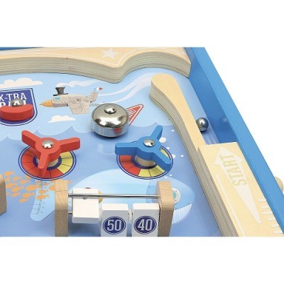 Jogo de tabuleiro de madeira azul com ponteiros vermelhos e azuis, sineta metálica e marcador com números.