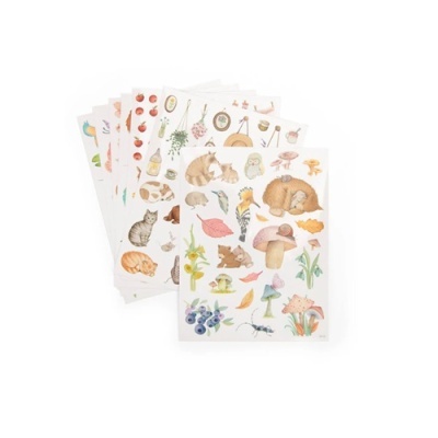 Folhas de autocolantes com desenhos de gatos, cogumelos e flores em estilo aquarela