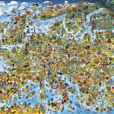 Mapa ilustrado colorido da Europa com figuras e monumentos, texto MAP of EUROPE no canto superior esquerdo