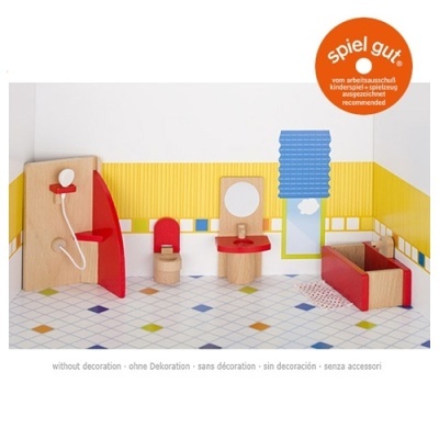 Conjunto móvel casa de bonecas em madeira com cadeira vermelha, mesa, cama e estante, piso quadriculado colorido.