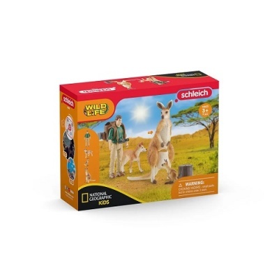 Caixa de brinquedo Schleich Wild Life com figuras de cangurus e explorador em fundo africano